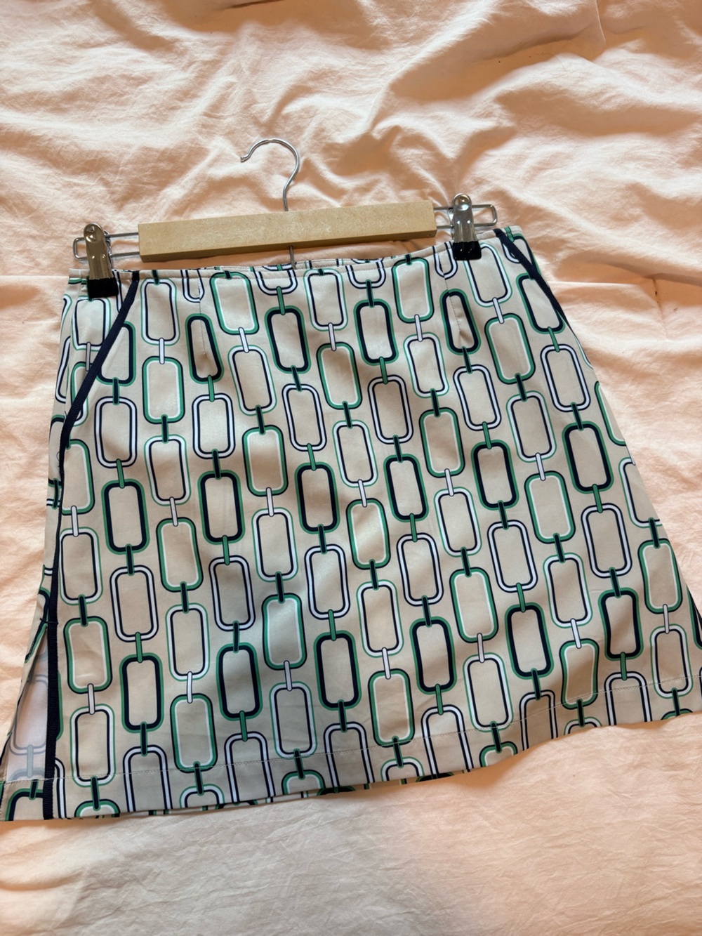 Golftini Geometric Print A-Line Skirt in Cream, Green & Navy